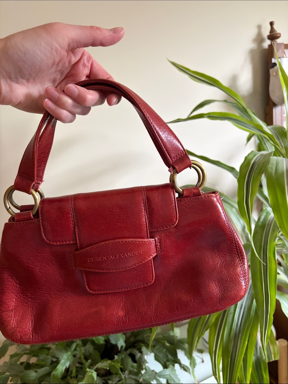 Derek Alexander Red Leather Shoulder Bag with Brass Ring Accents